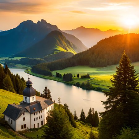 Mountain landscape with lake and church at sunrise. Dolomites, Italyの素材