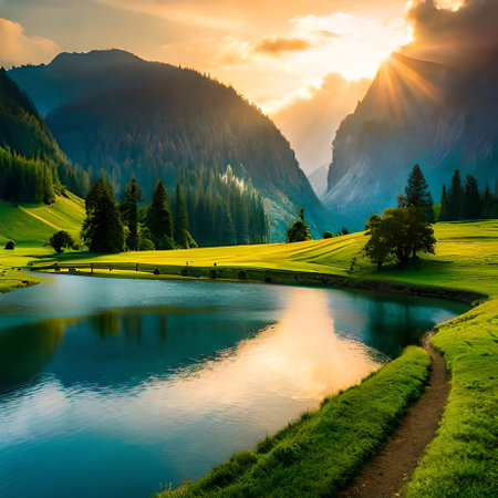 Beautiful alpine landscape with lake and mountains at sunrise, Switzerlandの素材