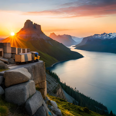 Camping trailer on the top of the mountain at sunset. Dolomites, Italyの素材