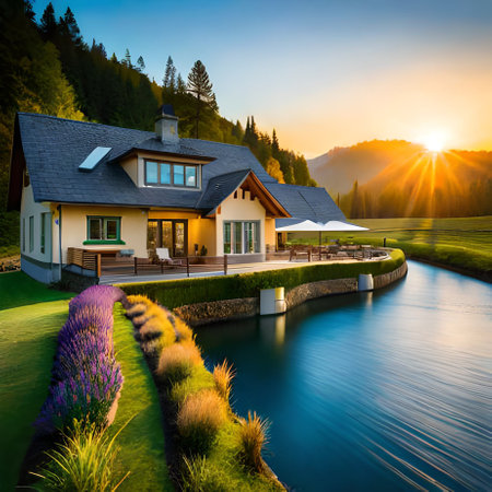 Luxury house on the lake at sunset. Beautiful summer landscapeの素材
