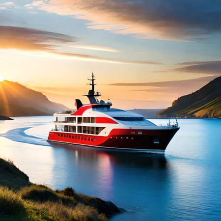 Cruise ship in the fjord at sunset, Norway.の素材