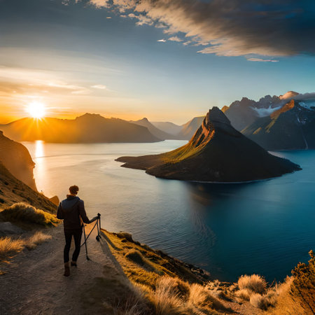 Photographer taking picture of beautiful landscape at sunset. Lofoten islands, Norwayの素材