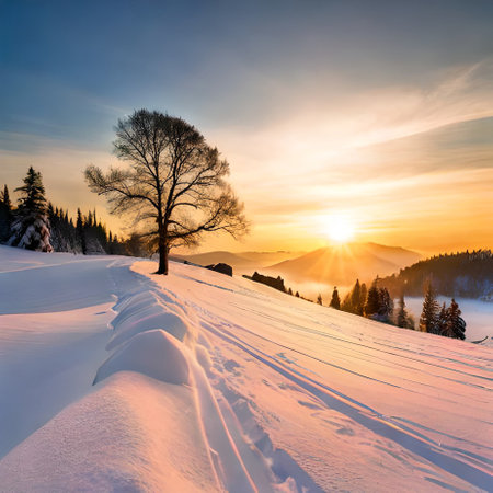 Majestic sunset in the winter mountains landscape. Dramatic wintry scene. Carpathian, Ukraine, Europe. Beauty world.の素材