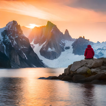 Woman sitting on a rock and looking at the sunset in Patagonia, Argentinaの素材