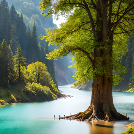 Beautiful landscape with mountain lake and old tree in the foreground.の素材