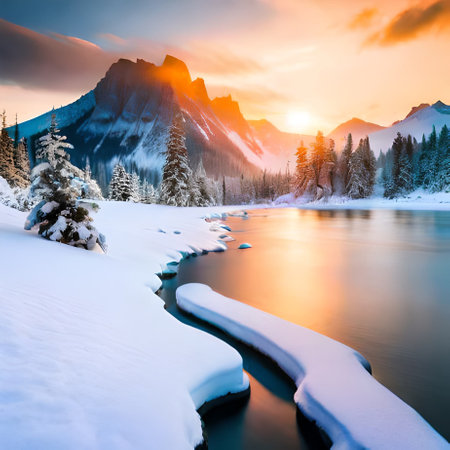 Colorful winter landscape with snow covered fir trees and mountain lake.の素材