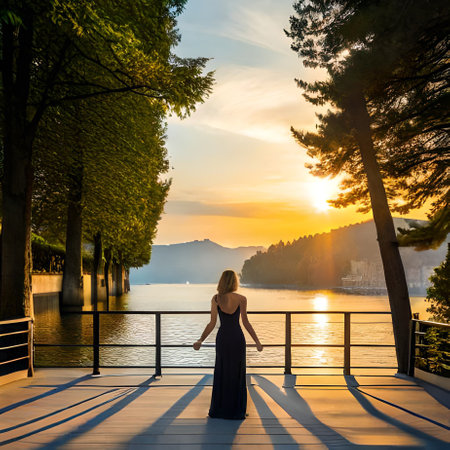 Beautiful young woman in a long evening dress standing on the terrace of a villa and looking at the lake.の素材