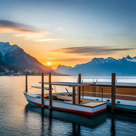 Sunset over Lake Lucerne, Switzerland. Beautiful view of Lake Lucerne with boats and mountains in the background.の素材