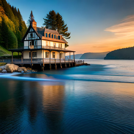 Lake Lucerne at sunset with a wooden house in the foreground, Switzerlandの素材