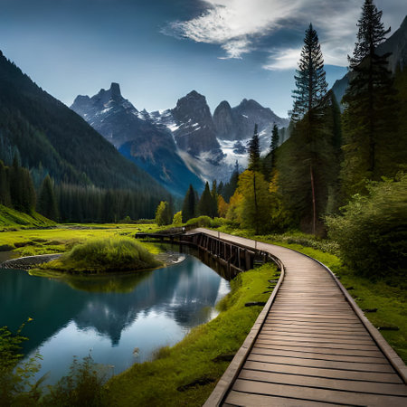Wooden walkway in the alpine lake. Dolomites, Italyの素材