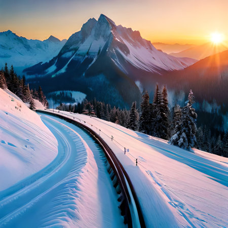 Mountain road in the Alps at sunset. Carpathians, Ukraine, Europe.の素材