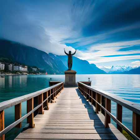 Statue of Liberty in front of Lake Lucerne, Switzerlandの素材