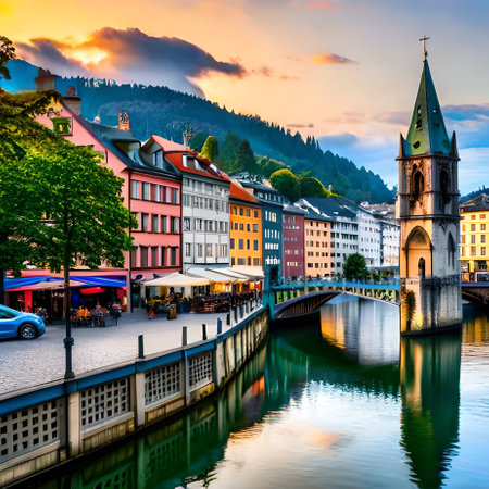 Sunset view of the old town of Lucerne, Switzerlandの素材