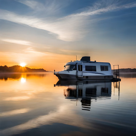 Luxury motor yacht on a lake at sunrise with reflection in waterの素材