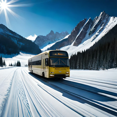 Passenger bus on the background of snow-capped mountains.の素材