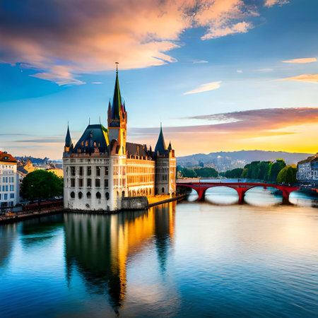 Chateau Frontenac and Hohenzollern bridge at sunrise, Switzerlandの素材