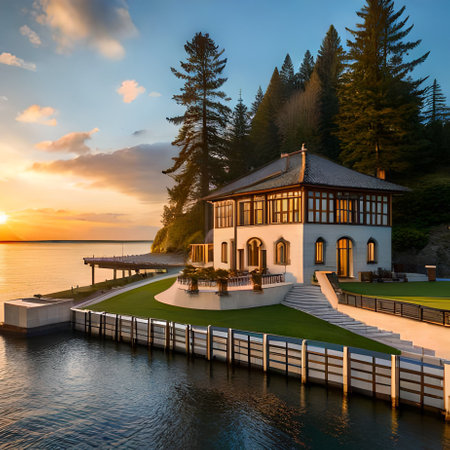 Sunset at the lake with a gazebo on the shoreの素材