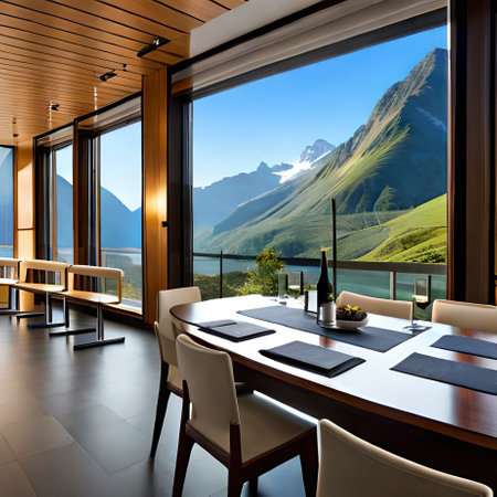 interior of a modern house, dining room, view on the mountainsの素材