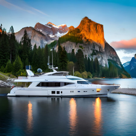 Luxury yachts on the lake in front of mountains.の素材