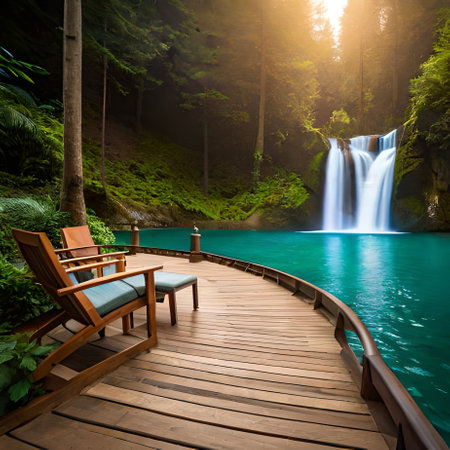 Wooden pier with beautiful waterfall in the forest at sunset time.の素材