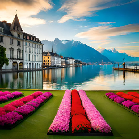 Lake Lucerne, Switzerland at sunrise. Beautiful cityscape with blooming flowers.の素材