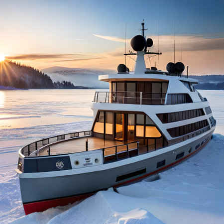 Fishing boat on the frozen lake at sunset. Winter landscape.の素材