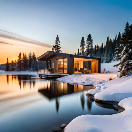 Luxury wooden house on the lake in the winter forest.の素材
