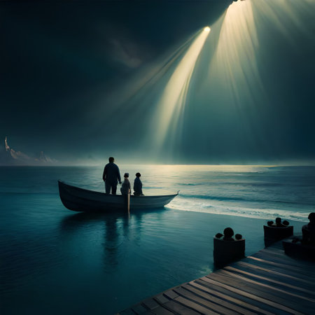 Silhouette of father and son in boat on the sea at nightの素材