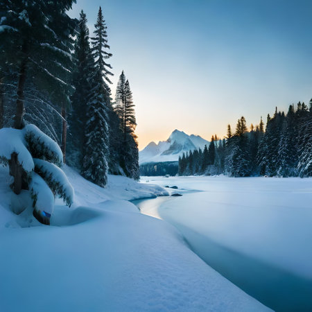 Beautiful winter landscape with snow covered fir trees and lake at sunsetの素材