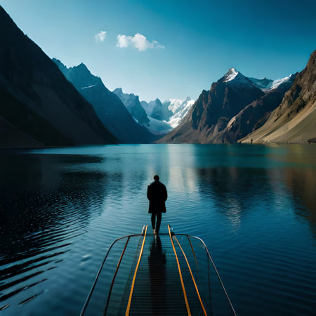 Man standing on the boat and looking at the mountains in Cordillera Blanca, Peruの素材