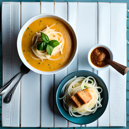 Two bowls of soup with noodles and vegetables on blue wooden background. Top view.の素材