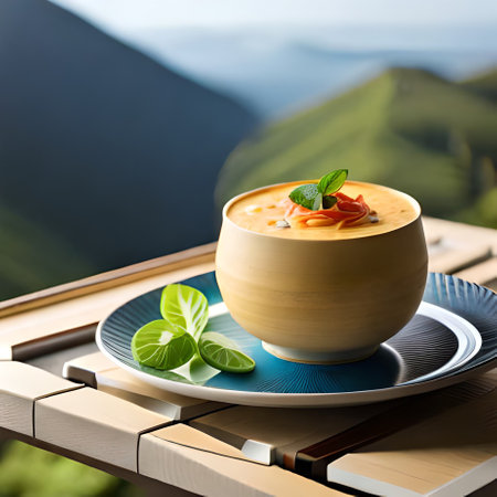 Cheese soup in a wooden bowl on a terrace with mountains in the backgroundの素材