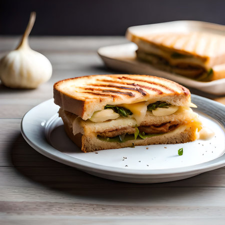 Sandwich with chicken and cheese on a wooden background. Selective focus.の素材