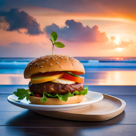 Hamburger on wooden table with sea and sunset sky background.の素材
