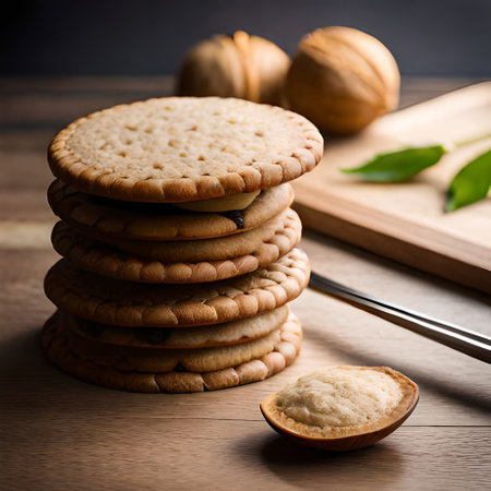 Stack of cookies with nuts on wooden background. Selective focus.の素材