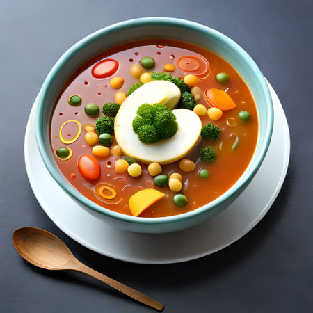 Vegetable soup in bowl on dark background. Healthy food concept.の素材