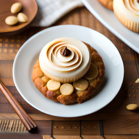 Cupcake with cream and almond on wooden table, stock photoの素材