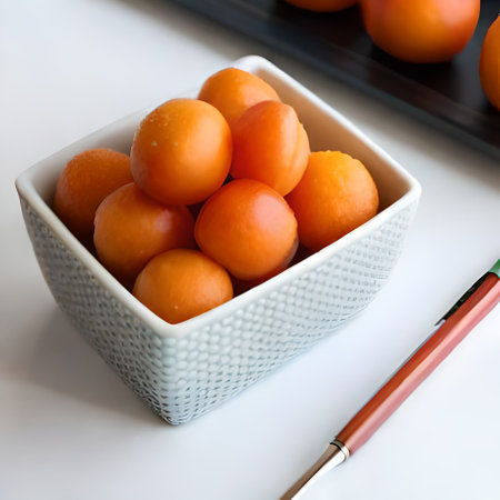 Ceramic bowl with yellow tomatoes on a white background. Selective focus.の素材