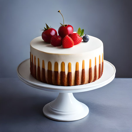 Cake with berries on a white stand on a gray background.の素材