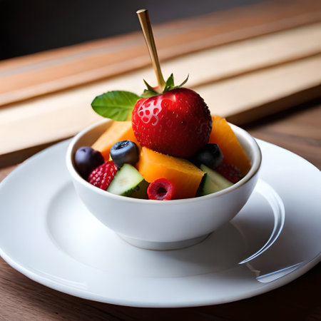 Fresh fruit salad in a bowl on wooden table. Selective focus.の素材