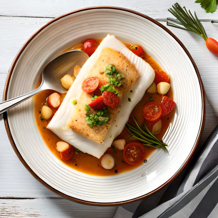 Delicious fish fillet with vegetables on white plate, closeupの素材