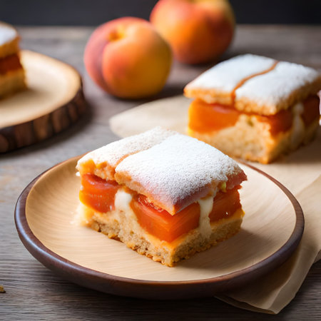 Piece of apricot cake with icing sugar on wooden backgroundの素材