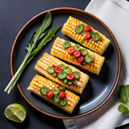 Corn cobs with tomatoes, cucumbers and herbs on black plateの素材