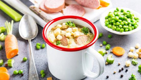 Creamy chicken soup with vegetables and sausage on a stone backgroundの写真素材