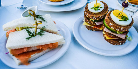 Sandwiches with salmon, cheese and egg on a white plateの写真素材