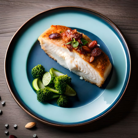 Fish fillet with vegetables on a blue plate on a wooden backgroundの素材
