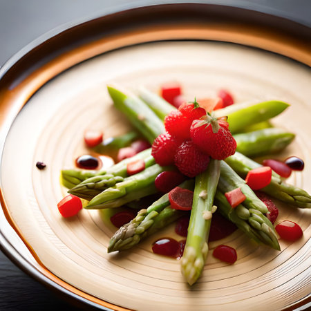 Green asparagus with strawberries and cranberries on a plate.の素材