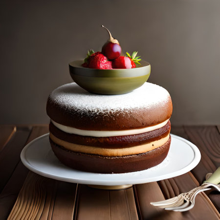 Homemade chocolate cake with cream and fresh berries on a wooden backgroundの素材