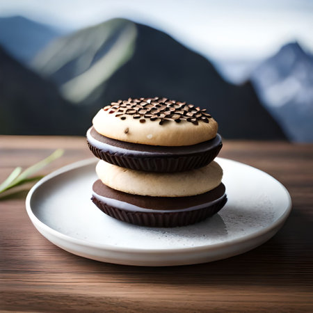Chocolate cookies on a white plate on a background of mountains.の素材