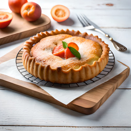 Homemade plum tart on white wooden background. Selective focus.の素材